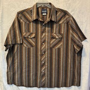 Vintage Wrangler Brown Striped Pearl Snap Western Short Sleeve Mens Shirt 3X
